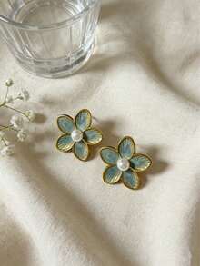 夏季女士耳环四件套，时尚花卉珍珠设计，18K镀金，尽显优雅气质，低致敏性304不锈钢材质，优雅女士耳环，不锈钢饰品，绿色耳环，紫色耳环，女士配饰 - 2pcs藍綠色花朵珍珠 - 查看 4