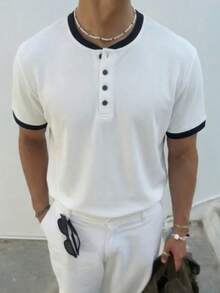 Men's Contrast Color Henley Neck Short Sleeve T-Shirt, Waffle Texture Loose Casual Versatile All-Match Tee For Summer - White - View 8