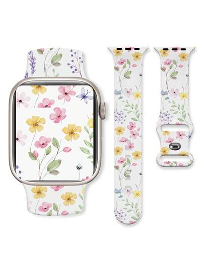 水彩花卉印花硅胶表带，兼容38mm、40mm、41mm、42mm、44mm、45mm、49mm智能手表，适用于所有系列，包括Ultra/SE/8/7/6/5/4/3/2/1