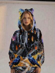 Women'S Gothic Castle & Raven Print Hoodie With Cat Ear Hood - Dark Fantasy Full-Body Graphic Sweatshirt, Cozy Fall Winter Pullover For Casual & Outdoor Wear, Fantasy-Themed Statement Outfit - 風格 - 查看 2