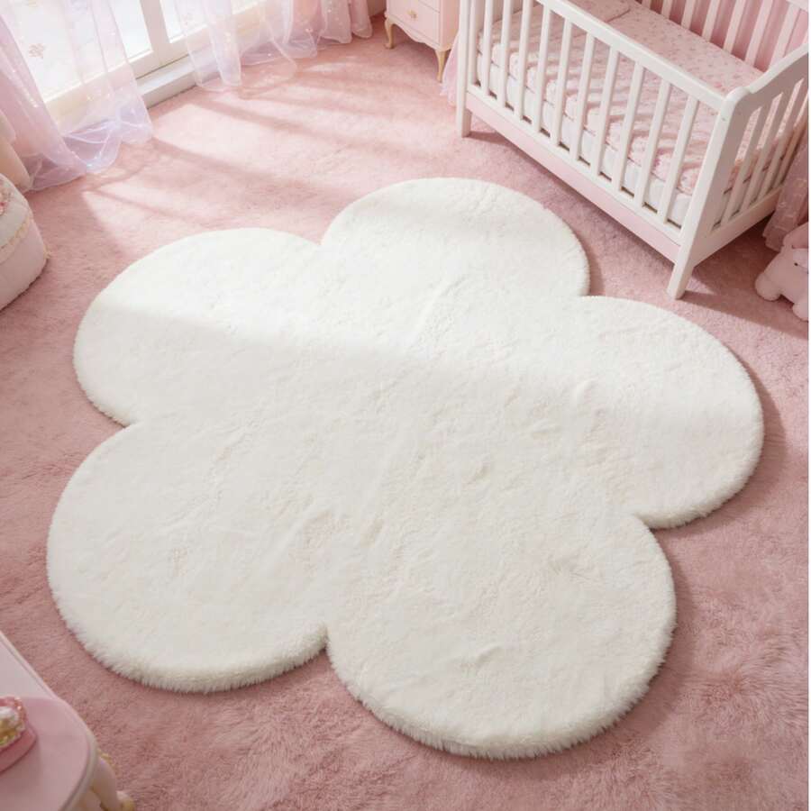 1 pieza Alfombra de piso con forma de flor esponjosa blanca, alfombra de juego linda, alfombra decorativa, decoración de dormitorio, alfombra pequeña, alfombra, decoración del hogar, alfombra para exteriores, alfombra lavable, regalo para graduación/Día de la Madre - Blanco - Ver 1
