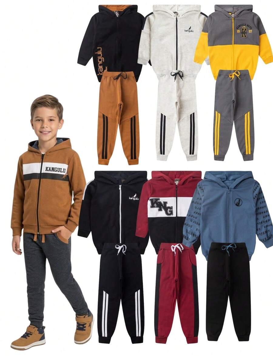 Boys' Winter Warm Fleece Tracksuit Set, Sizes 1 To 12 Years - 駝色 - 查看 1