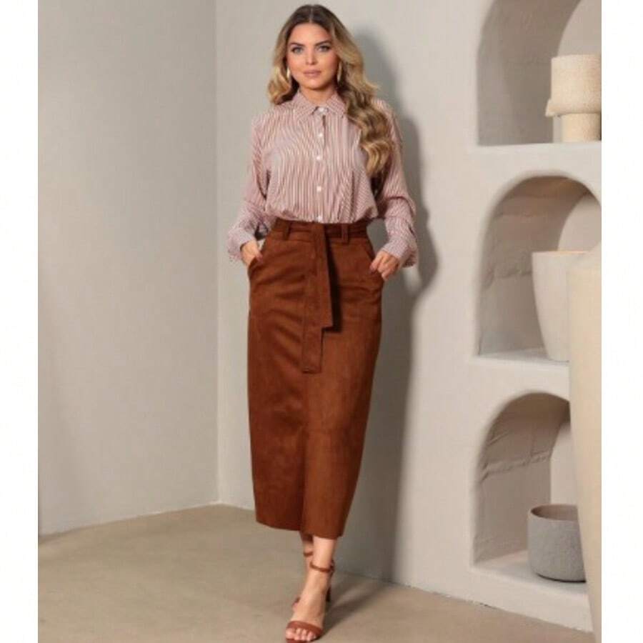 Premium Suede Midi Pencil Skirt With Sash Belt, Side Zipper And Front Slit, Suitable For Evangelical Fashion, Parties, Evenings, Church Services, Offices, And More. New Arrival. - 駝色 - 查看 1