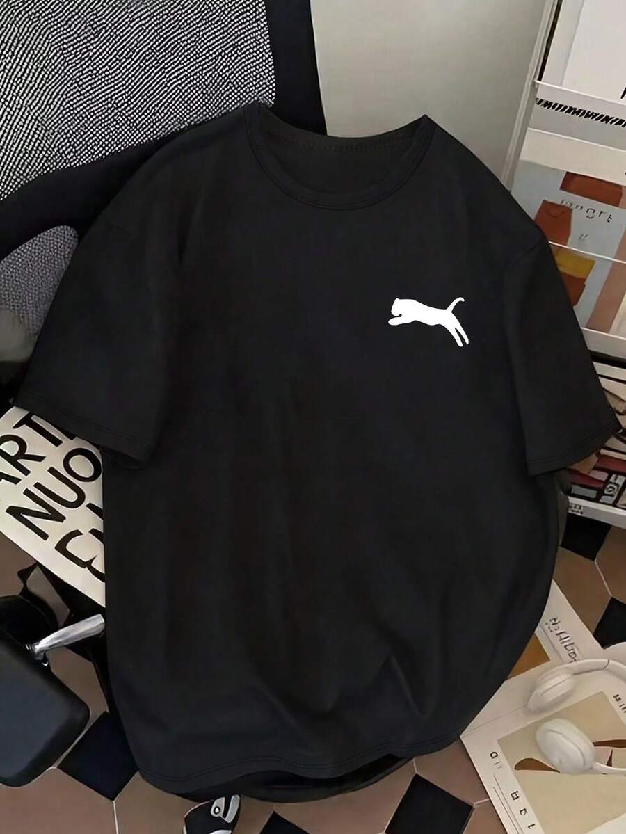 男士豹纹短袖T恤，简约圆领黑色休闲上衣，春季日常穿着 - 黑色 - 查看 1