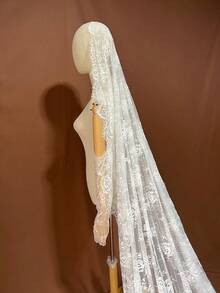 1pc Elegant French Lace Long Soft Bridal Veil With Comb, Vintage Wedding Accessory, Ivory - Ivory - View 6