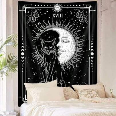 哥特式黑猫竖幅挂毯，黑白塔罗牌蝙蝠和猫翅膀图案，酷炫男士挂毯，月相美学动漫巫术撒旦艺术挂毯，卧室和客厅装饰画。