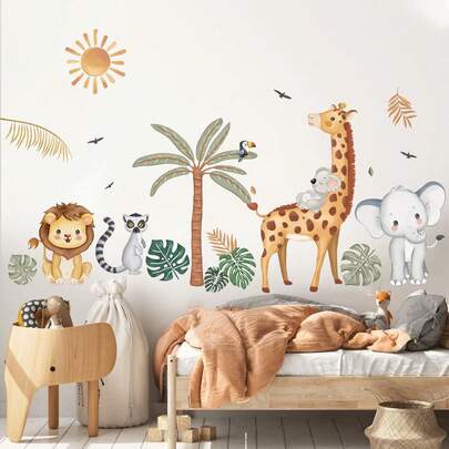 Watercolor Jungle Safari Animals Wall Stickers Star Giraffe Monkey Zebra Lion Tiger Wall Decals Bedroom Living Room Home Wall Decor