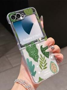 Plant 1pc Fashion Simple Matte PC Material Simple And Cute Various Tropical Leaf Elements Folding Phone Case, Can Protect And Prevent Falling For: SamsungGalaxy Zflip 3/Zflip 4/Zflip 5/Zflip 6/Zflip 7/ Find N3 Flip/ Razr 50 Ultra/ Razr 60 Ultra/ 60/ Razr 50/XiaomiMIX Flip/Galaxy Z Flip7 FE - Clear - View 8