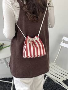 1pc Mini Striped Drawstring Detail Wallet, Summer Beach Pouch, Beach Essential, Beach Accessories, Beach Bag And Summer Necessity - Red - View 5