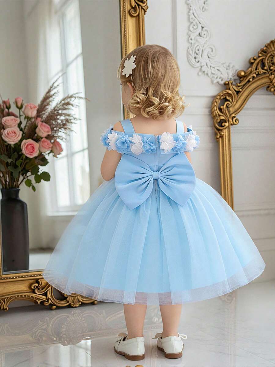 Váy cưới hoa bé gái dễ thương bằng vải tuyn hoa, thích hợp cho tiệc sinh nhật 1 tuổi và đi chơi, không bao gồm băng đô - Màu xanh nhạt - Xem 1