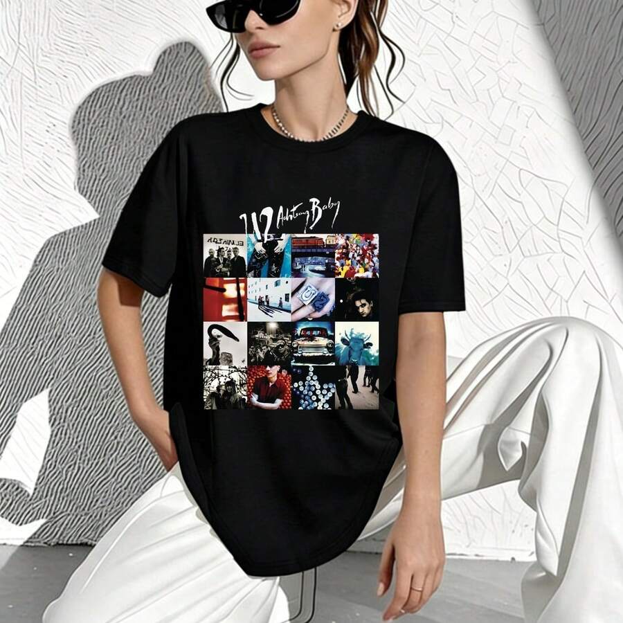 U2 Achtung Baby Vintage Band Graphic Black Cotton Tee Shirt For Women - 黑色 - 查看 1