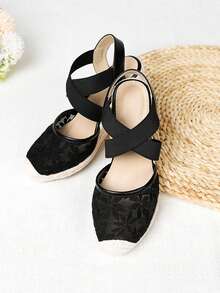 Sandalias de cuña casuales y de moda para mujer con cuerda de paja, malla elástica y diseño cruzado, transpirables - Negro - Ver 3