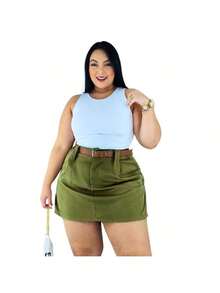 Short Skirt Plus Size Tailored With Belt Various Colors Summer - Verde Oscuro - Ver 6