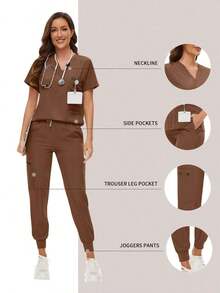 Surgical Uniforms Woman Scrub Set Nurse Beauty Salon Workwear Clinical Scrubs Top Pants Sets Spa Doctor Nursing Clinical Suit - màu nâu - Xem 13