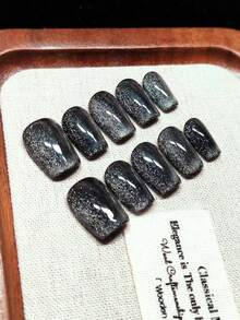 按压式假指甲，手工制作，短款T字形指甲，法式黑曜石猫眼，深黑色底色搭配银色细闪，如同黑夜中的微光，闪耀夺目，简约优雅，低调神秘，可重复使用 - 灰色 - 查看 6