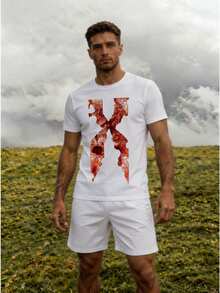 Conjunto para hombre estilo streetwear con estampado abstracto de letra símbolo tela cómoda ajuste holgado cuello redondo manga corta verano uso diario casual set de camiseta y short - Blanco 1 - Ver 2