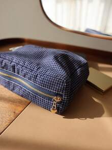 Japanese Style Plaid & Striped Fabric Multi-Functional Zipper Makeup Bag, Portable Travel Pouch With Inner Lining School Supplies Travel Essentials Make Up Bag Holiday Essentials Cosmetic Bag Makeup Bags Makeup Pouch Makeup Organizer Holiday Winter Leopard Print Sausage Dog Women Gifts For Women - 寶藍色 - 查看 5