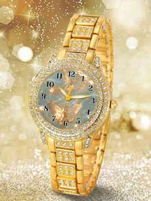 6pcs Luxury Elegant Women's Quartz Watch Set, Including Metal Butterfly Pattern Quartz Watch, Heart-Shaped Bracelet, Square Rhinestone Necklace, Earrings And Ring, Designed With Dreamy Gold And Butterfly Elements - Gold - View 5
