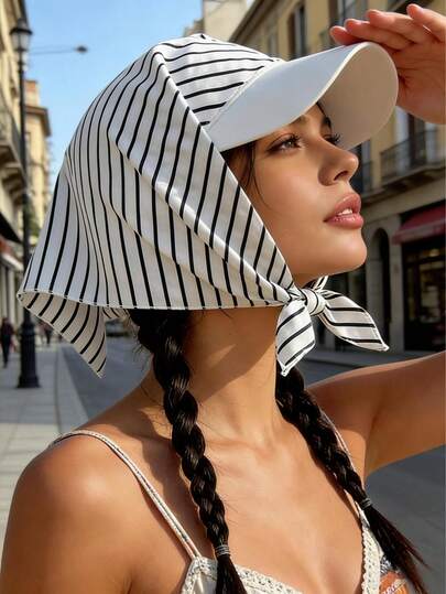 街头风条纹系带棒球帽，防风、防紫外线、3D设计，时尚百搭，柔软舒适，透气性好，功能多样，版型美观，适合海滩、户外、旅行、徒步、骑行、约会等多种场合。