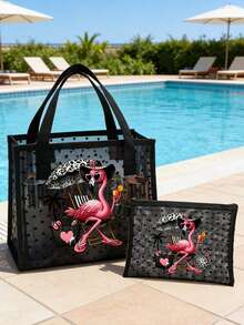 Mesh Tote And Small Bag Set With Pink Flamingo Design, Black Leopard Print Umbrella & Palm Tree Design,Beach Vacation Bag,Hawaiian Style Transparent Organizer Bag,Travel Toiletry Bag, Cosmetic Storage Bag,Summer Essentials,Ideal For School, Vacation,Beach Party, Holiday & Back To School Use,Best Gift For Friends And Teachers,Ideal Birthday Gift, Party Gift, Summer Gift, Vacation Gift, Holiday Gift, Wedding Gift - Multicolor - View 2