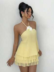 Women's Yellow Low Waist Super Short Sexy 3D Floral Camisole Backless Ruffle Hem Mini Dress, Elegant, Fashionable, Suitable For Daily Commute, Party, Carnival, Valentine's Day, New Year, Beach Vacation Summer - Vàng nhạt - Xem 6