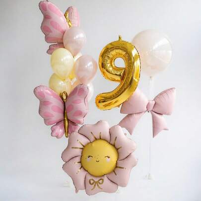 金色数字铝箔气球套装，包含领结和粉色蝴蝶花卉铝箔气球，适合生日派对、周年纪念日，可重复使用，室内/室外摄影道具装饰