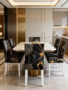 1/4/6pcs Milk Silk High Backrest Chair Covers, Black & Gold Geometric Print, Minimalist Textured High Elasticity Dust-Proof, Suitable For Living Room, Dining Room, Bedroom, Study, All Seasons - Multicolor - View 12