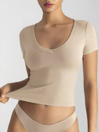  XLLAIS Stretchy Fitted Casual Sports V-Neck Short Sleeve T-Shirt, Summer Solid Color Top