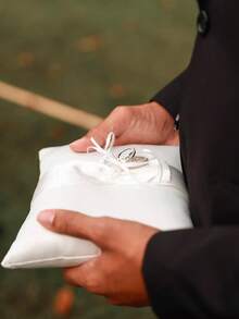 Set de 2 piezas de cesta de flores y almohada para anillos de niña de las flores de boda de satén blanco, con diseño de flores de perlas y lazos, adecuado para decoración de fiesta de boda (anillos no incluidos) - Ver 15