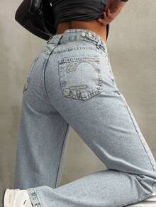 REVERSE LEG FRAGRANT EMBROIDERED WIDE LEG JEANS - Light Wash - View 5