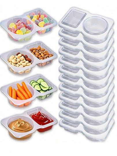 10/20/30/40个装便携式双格调味容器 - 可重复使用的塑料酱料杯，适用于旅行、零食和餐食准备（透明），双格容器，适合用作蘸酱碗