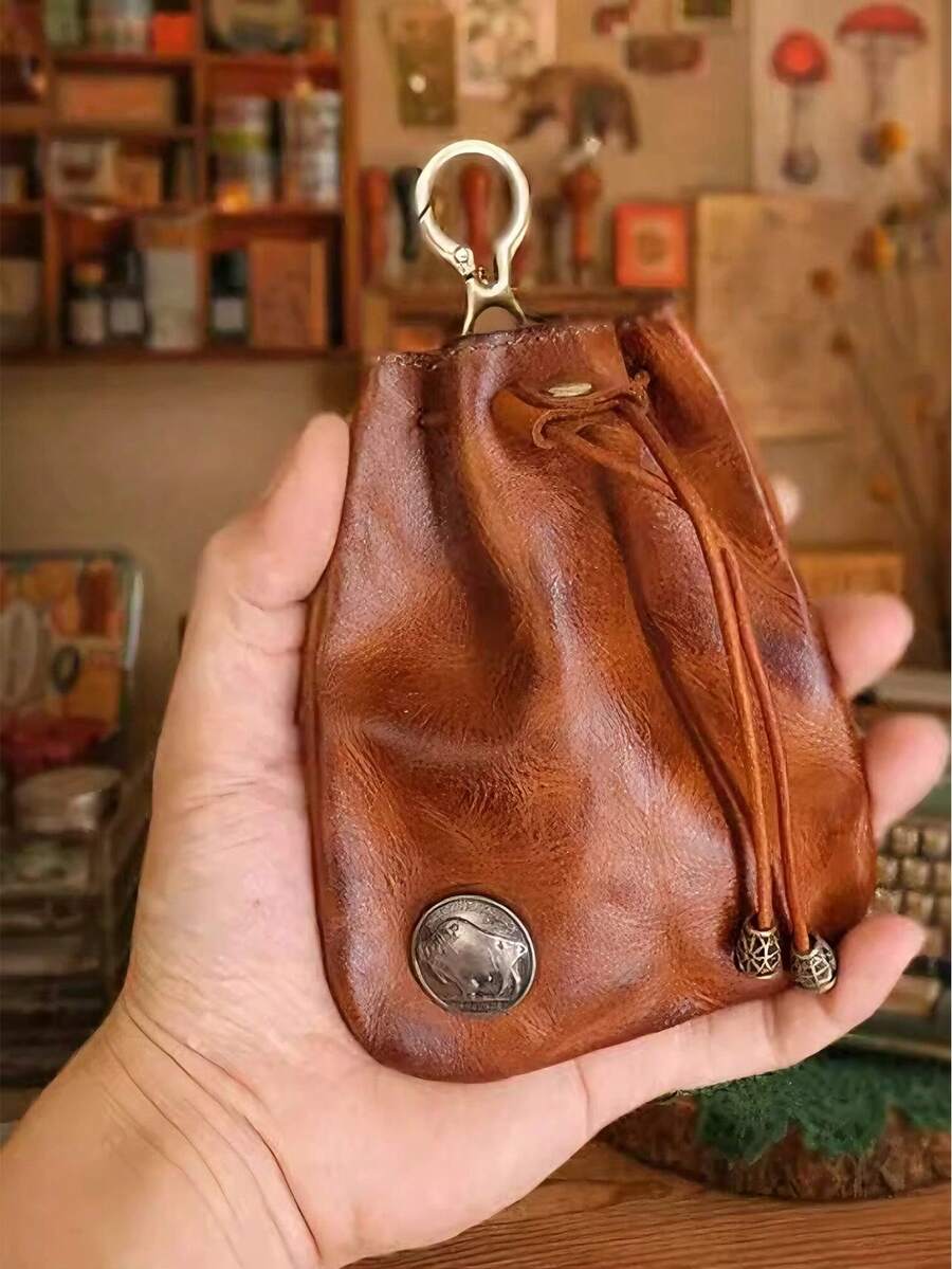 1 Pc Durable Retro Handmade PU Drawstring Portable Storage Bag, Striped Texture Magnetic Buckle Design, Black/Coffee/Brown Fashionable Waist Bag