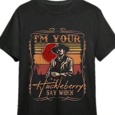 Fashion Easter Print Casual T-Shirt Veenajo [Cotton Fabric] Men's Vintage I'm Your Huckleberry Say When Doc Holliday Tombstone Graphic Tee - Black Cotton, Casual Short Sleeve With Red & Yellow Sunset Design, Perfect For Summer Outings & Leisure,1 Piece,Family Matching Outfits, Heart & Slogan Bodybuilding Top Boyfriend Style Casual Wear