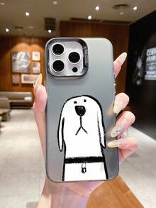 Fashionable Dog Pattern Luxury Gradient Black & Silver IMD Silicone Soft Edge Acrylic Hard Back Plate Large Hole Camera Protection Anti-Drop Thick PC Metal Button Phone Case Compatible With IPhone///// - Black - View 7