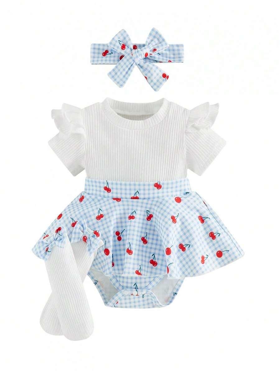 Newborn Baby Girl Summer Clothes Short Sleeves Plaid Skirt Romper Dress Headband Socks Set Fashion Holiday Outfit, Preemie Newborn Baby Girl Clothes - 天藍 - 查看 1