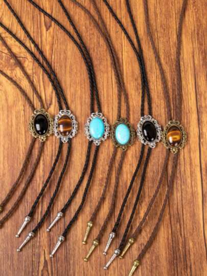 Bộ 6 chiếc cà vạt Bolo cổ điển, mặt dây chuyền hình bầu dục khắc đá quý, chất liệu đồng và bạc hai tông màu, phù hợp cho cả nam và nữ, thích hợp cho đám cưới và sử dụng hàng ngày, phụ kiện chụp ảnh retro đa năng.