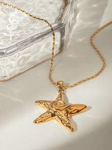 RAYQUEEN 1pc INS Style 18K Gold Stainless Steel Vintage Oversized Spiral Starfish Pendant Necklace, Suitable As Gift - Yellow Gold - View 3