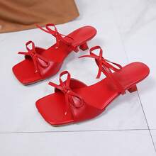 Women's Kitten Heel High Heels With Bow Slip-On Elegant Soft Leather Beach Sandals Summer - Red - View 6