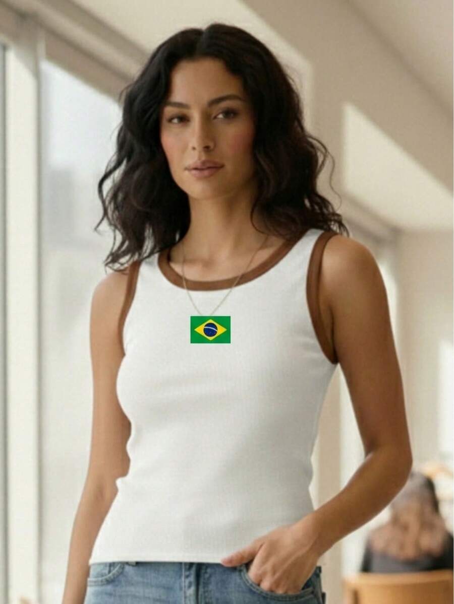 Women's Two-Tone Ribbed Tank Top With Flag Print – Summer Copa Brasil - 白色和棕色(旗幟) - 查看 1