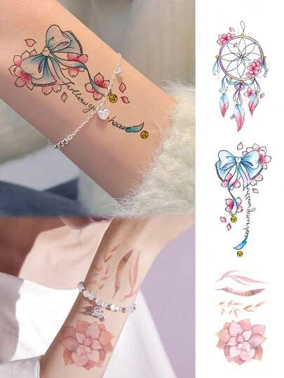 3 hojas de pegatinas de tatuajes temporales de arte corporal femenino con coloridos patrones de flores de cerezo, lazos y atrapasueños. Tatuajes falsos impermeables que duran de 2 a 5 días y se pueden aplicar en los brazos, el cuello, los hombros, la cintura, la espalda, las piernas y los tobillos. Fácil de aplicar y retirar, ideal para festivales, fiestas, regalos, vacaciones y festivales de música.