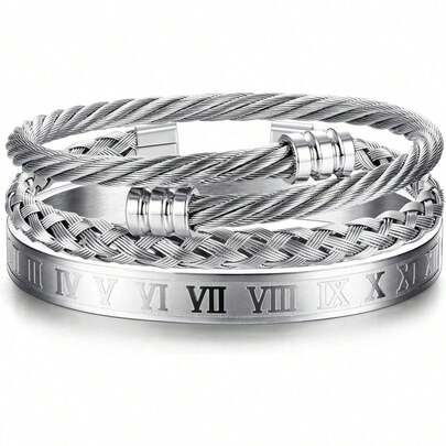 Diamday 3 chiếc vòng tay bằng thép không gỉ dành cho nam, kiểu dáng số La Mã, có thể điều chỉnh kích thước, dạng dây xoắn, quà tặng trang sức.