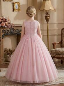 少女优雅粉色连衣裙，高端串珠亮片无袖A字网纱长裙，适合出席宴会、生日派对、家庭聚会、节日庆典、活动策划、钢琴演奏会、婚礼等场合，也可作为花童穿着。 - 粉色 - 查看 6