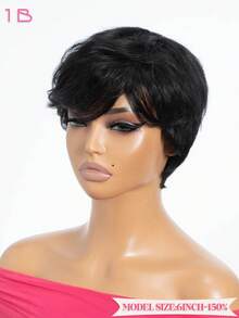 QVR QUEEN VIRGIN REMY QVR 短直发精灵头假发，波波头造型，即戴即走，女士精灵头假发，无需胶水，真人发，全机织，自然黑色，日常佩戴舒适。 - Natural Black - 查看 7