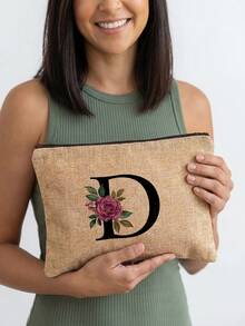 1pc A-Z Letter & Floral Print Cosmetic Bag, Lightweight Travel Toiletry Organizer - Multicolor - View 24