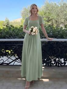 EVERPRETTY Đầm phù dâu màu xanh lá cây nhạt tay ngắn bằng vải chiffon thanh lịch, cổ vuông, thích hợp cho khách dự đám cưới mùa xuân/hè, tiệc cưới, dạ hội, tiệc nghỉ mát ở bãi biển. - Màu xanh Bạc hà - Xem 6