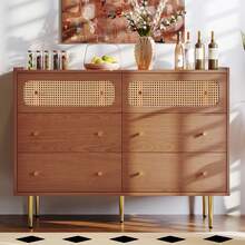 Chest Of Drawers With 6 Drawers, Rattan Sideboard/Highboard For Bedrooms And All Living Areas, Walnut - H90/W120/D40 Cm - Khaki - View 2