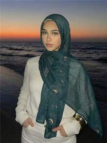 1pc Women's Vintage Star & Moon Print Headscarf, Viscose, Comfortable Lightweight Breathable Soft Scarf/Shawl, Summer Sun Protection, Versatile For Daily Wear, Suitable For All Seasons, Beach, Holiday - Multicolor - View 3