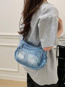 New Casual Chic Soft Jeans Multi-Layer Crossbody Bag With Multiple Pockets, Versatile Commuter Large Capacity Women's Shoulder Bag, Suitable For Work Commuting, Shopping And Traveling. - Màu xanh lam - Xem 6