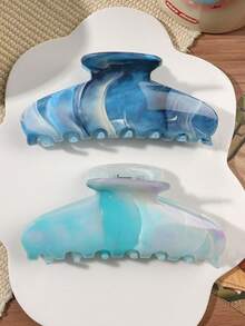 2 piezas Pinzas para el cabello en forma de medio círculo con estampado de teñido anudado, degradado de acuarela y mármol en color azul, accesorios elegantes y con estilo para recogidos informales, ideales para la playa, fiestas, picnics y vacaciones de verano - Multicolor - Ver 1
