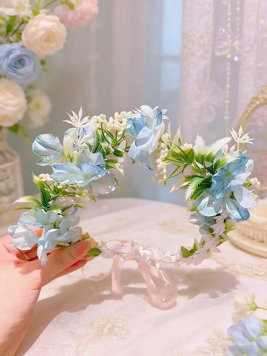 1件欧美风绣球花发箍，甜美花朵发饰，适合女孩 - 淺藍色 - 查看 1